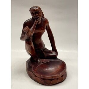 Vintage Ashtray Wood Tribal Hand carved Smoking Pipe Man Figurine Statue
